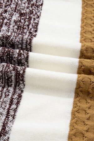 Brown Mixed Texture Knit Striped Color Block Loose Sweater - Image 14