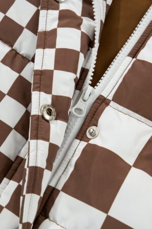 Brown Double Checked Stand Collar Cropped Puffer Vest - Image 6