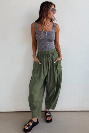 Jungle Green Drawstring Elastic Waist Patch Pocket Barrel Leg Casual Pants - Image 2