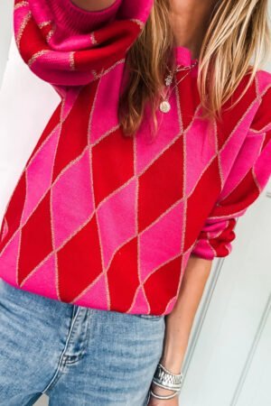 Christmas Rose Red Glitter Rhombus Pattern Knit Womens Casual Sweater - Image 2