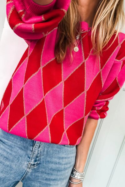 Christmas Rose Red Glitter Rhombus Pattern Knit Womens Casual Sweater