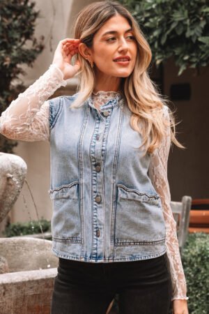 Beau Blue Scalloped Trim Patch Pocket Button Front Denim Vest - Image 16