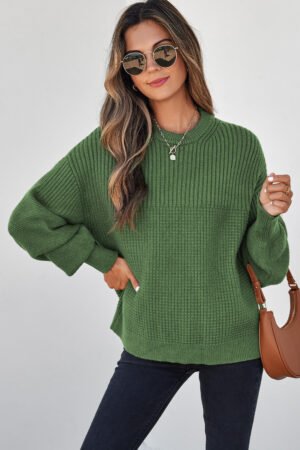 Vineyard Green Solid Color Mixed Textured Knitted Crew Neck Sweater - Image 4