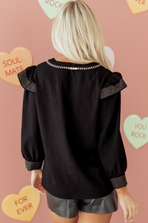 Black Contrast Stitched Detail V Neck Ruffle Long Sleeve Blouse - Image 9