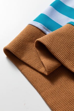 Sky Blue Stripe Contrast Color Ribbed Trim Round Neck Drop Shoulder Sweatshirt - Image 11