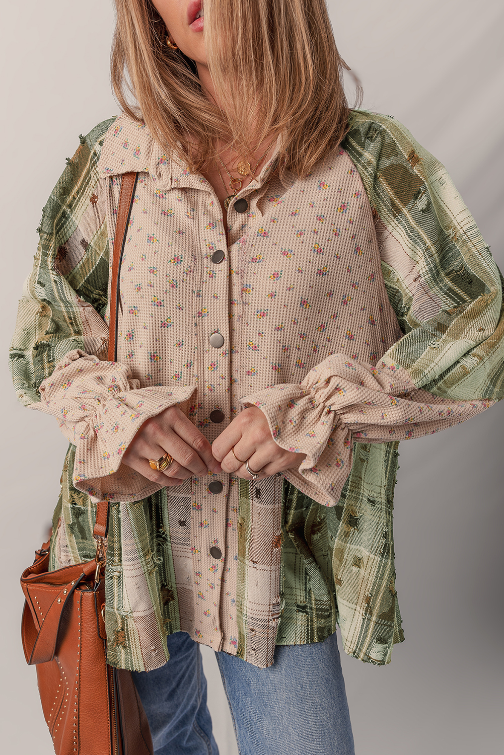Mist Green Boho Floral Plaid Patchwork Distressed Detail Ruffled Sleeve Waffle Knit Shacket Mist Green Boho Floral Plaid Patchwork Distressed Detail Ruffled Sleeve Waffle Knit Shacket