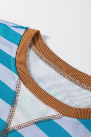 Sky Blue Stripe Contrast Color Ribbed Trim Round Neck Drop Shoulder Sweatshirt - Image 9