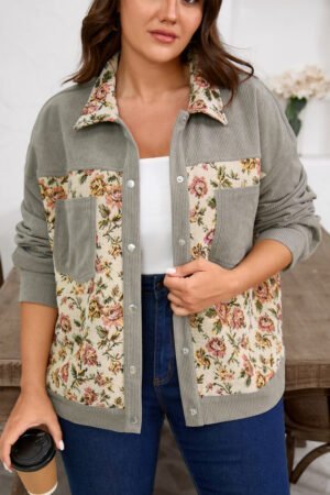 Medium Grey Corduroy Floral Patchwork Vintage Jacket - Image 12