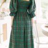 Green Tartan Plaid Square Neck Puff Sleeve Knot Waist Flared Midi Dress