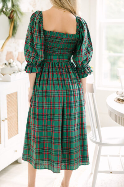 Green Tartan Plaid Square Neck Puff Sleeve Knot Waist Flared Midi Dress