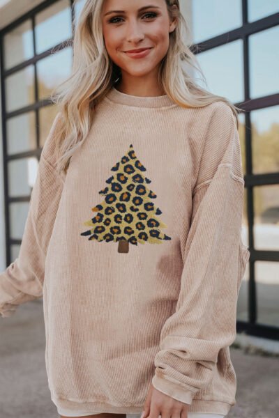 Apricot Leopard Christmas Tree Graphic Corded Sweatshirt