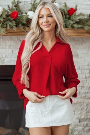 Fiery Red V Neck Collared Shirred 3/4 Sleeve Oversized Tunic Top
