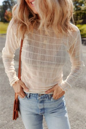 White Sheer Plaid Mesh Lettuce Trim Slim Fit Long Sleeve Top