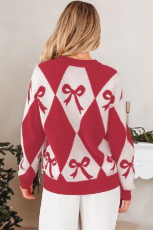 Red Bow Print 2-tone Rhombus Knit Loose Sweater - Image 5