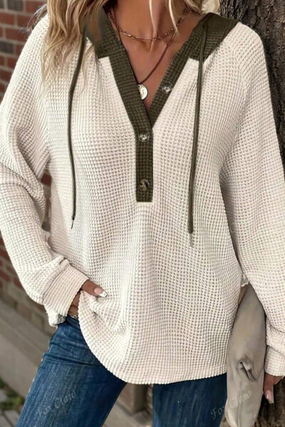 White Waffle Contrast Half Buttoned Hooded Pullover Top