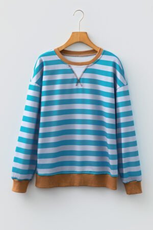 Sky Blue Stripe Contrast Color Ribbed Trim Round Neck Drop Shoulder Sweatshirt - Image 5