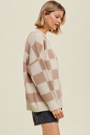 Parchment Checkered Pattern Ribbed Trim Knit Baggy Sweater - Image 3