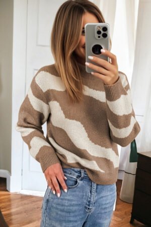 Dark Khaki Abstract Print Ribbed Trim Mock Neck Chic Sweater - Image 4