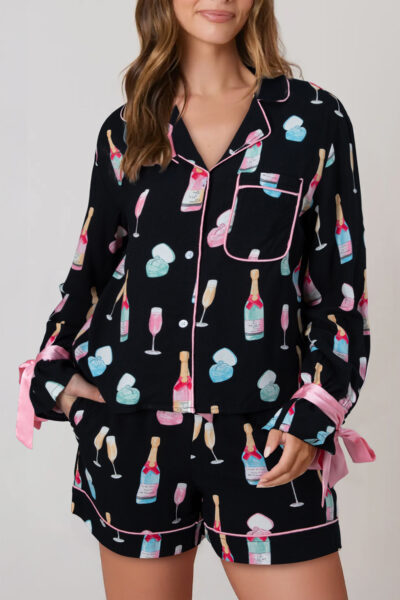 Color black Christmas Wine Glass Print Bow Knot Two Piece Pajama Set