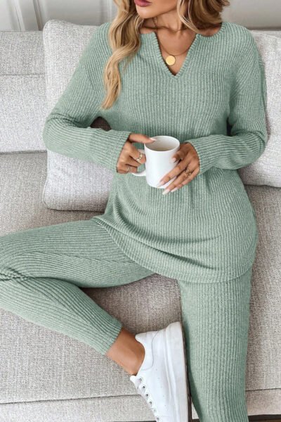 Grass Green Ribbed Notched Neck Knit Long Sleeve Leggings Two Pieces Lounge Set