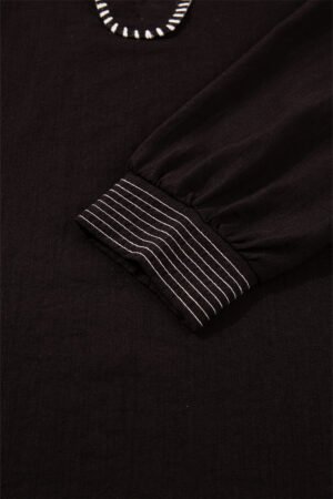 Black Contrast Stitched Detail V Neck Ruffle Long Sleeve Blouse - Image 4
