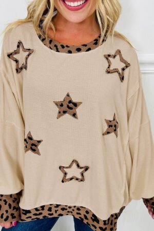 Beige Contrast Leopard Star Patchwork Detail Raw Seam Baggy Sweatshirt - Image 3