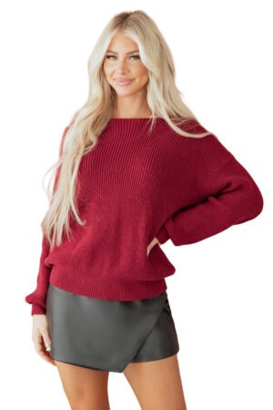 Red Dahlia Ribbed Knit Ribbon Knot Backless Drop Shoulder Sweater - Image 17