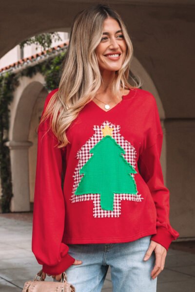 Fiery Red Plaid Frayed Double Christmas Tree Patched Drop Shoulder Sweatshirt