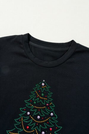Black Rhinestone Christmas Tree Round Neck Graphic Tee - Image 6