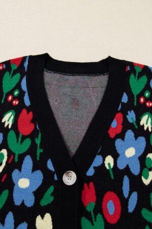 Black Floral Print V Neck Buttoned Short Cardigan Sweater - Image 5