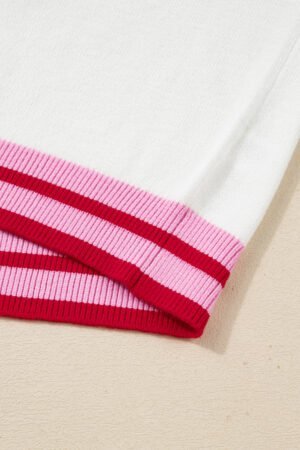 White Striped Trim Bow Graphic Round Neck Drop Shoulder Sweater - Image 7