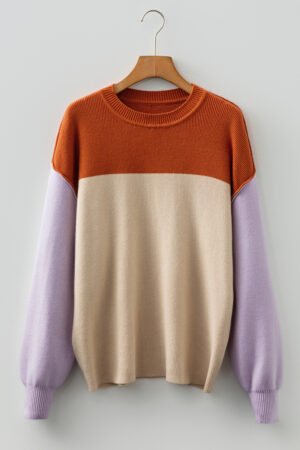 Khaki Color Block Plain Ribbed Knit Baggy Sweater - Image 10