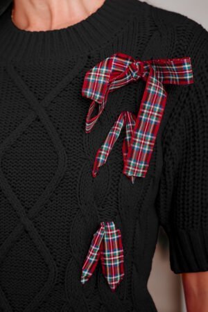 Black Plaid Lace up Detail Christmas Holiday Puff Short Sleeve Sweater - Image 16