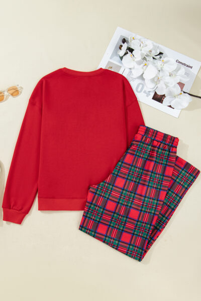 Red Plaid Mama Graphic Christmas Holiday Crewneck Pullover and Pants Two Piece Lounge Set
