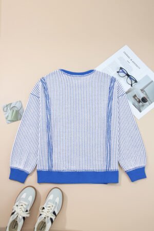 Dark Blue Waffle Knit Exposed Stitching Casual Top with Side Slits - Image 5