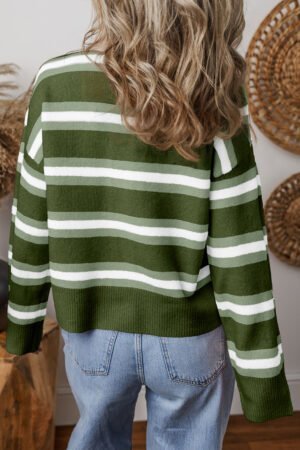 Green Stripe Drop Shoulder Buttons Cardigan Sweater - Image 2
