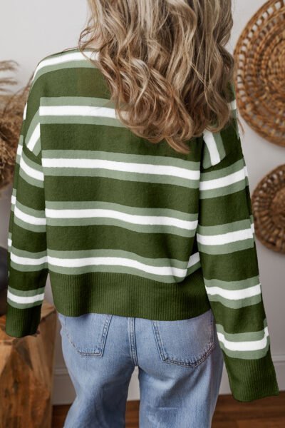 Alternative view of Green Stripe Drop Shoulder Buttons Cardigan Sweater