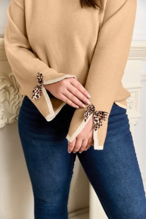 Tan Plus Size Leopard Bow Decor Split Cuffs Loose Sweater - Image 15