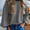Black Striped Print Drop Shoulder Lace Trim Bracelet Sleeve Loose Top