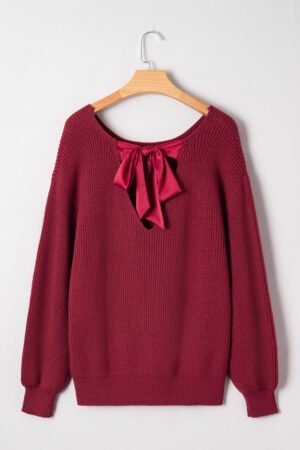 Red Dahlia Ribbed Knit Ribbon Knot Backless Drop Shoulder Sweater - Image 4