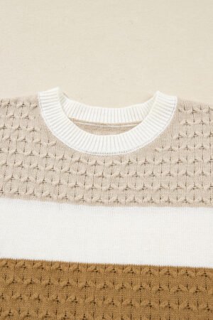Brown Mixed Texture Knit Striped Color Block Loose Sweater - Image 10
