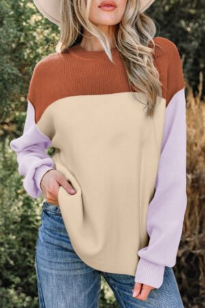 Khaki Color Block Plain Ribbed Knit Baggy Sweater - Image 7