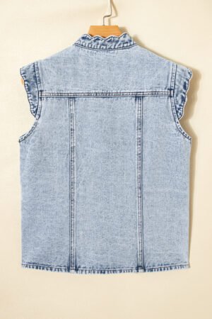 Beau Blue Scalloped Trim Patch Pocket Button Front Denim Vest - Image 7