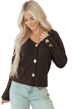 Chicory Coffee Heart Metal Button V Neck Cardigan Sweater - Image 20