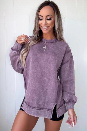 Valerian Mineral Wash Exposed Seam Side Slit Sweatshirt - Image 2