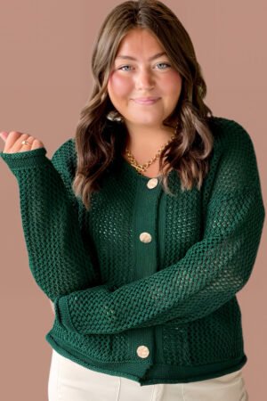 Blackish Green Plus Size Golden Accent Buttons Short Sweater Cardigan - Image 4