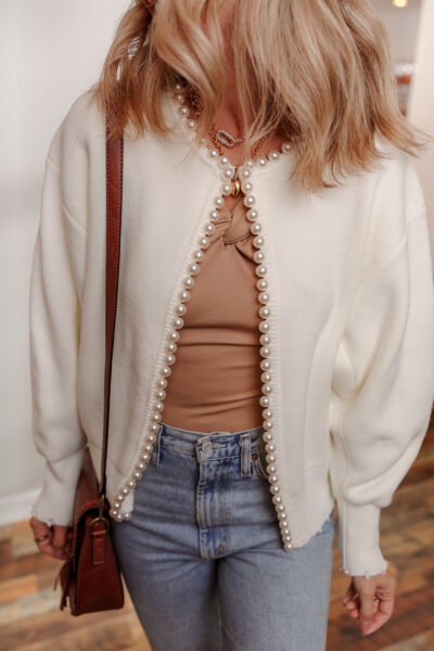 White Pearl Embellished Open Front Elegant Cardigan