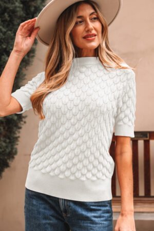 White Fish Scale Textured Knit Ribbed High Neck Short Sleeve Sweater - Image 3