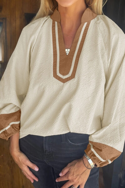 Jet Stream Color Block Patchwork Detail V Neck Textured Long Sleeve Blouse
