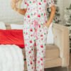 Pink Christmas Spirit Cute Holiday Print Short Sleeve Shirt and Pants 2pcs Pajama Set